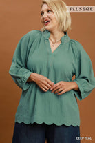 Umgee Deep Teal Scallop Hem Balloon Sleeve Plus Size Blouse-Curvy/Plus Blouses-umgee-Deja Nu Boutique, Women's Fashion Boutique in Lampasas, Texas