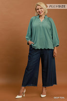 Umgee Deep Teal Scallop Hem Balloon Sleeve Plus Size Blouse-Curvy/Plus Blouses-umgee-Deja Nu Boutique, Women's Fashion Boutique in Lampasas, Texas