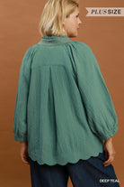 Umgee Deep Teal Scallop Hem Balloon Sleeve Plus Size Blouse-Curvy/Plus Blouses-umgee-Deja Nu Boutique, Women's Fashion Boutique in Lampasas, Texas