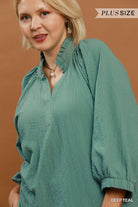 Umgee Deep Teal Scallop Hem Balloon Sleeve Plus Size Blouse-Curvy/Plus Blouses-umgee-Deja Nu Boutique, Women's Fashion Boutique in Lampasas, Texas