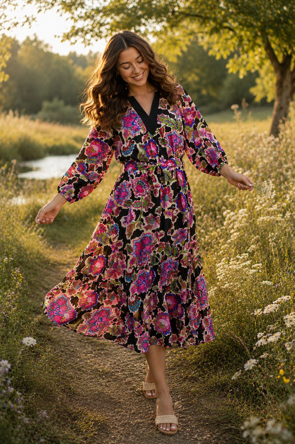 Brunette model wearing the Umgee Exclusive black floral midi dress with a belted waist and vibrant embroidered-inspired print, twirling through a sunlit late summer meadow surrounded by wildflowers and greenery in a carefree, romantic lifestyle setting.