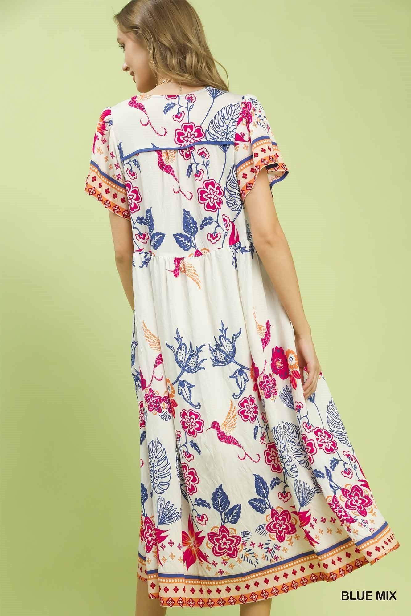 Umgee Boho Floral Midi Dress – Blue Mix-Midi Dresses-Umgee-Deja Nu Boutique, Women's Fashion Boutique in Lampasas, Texas