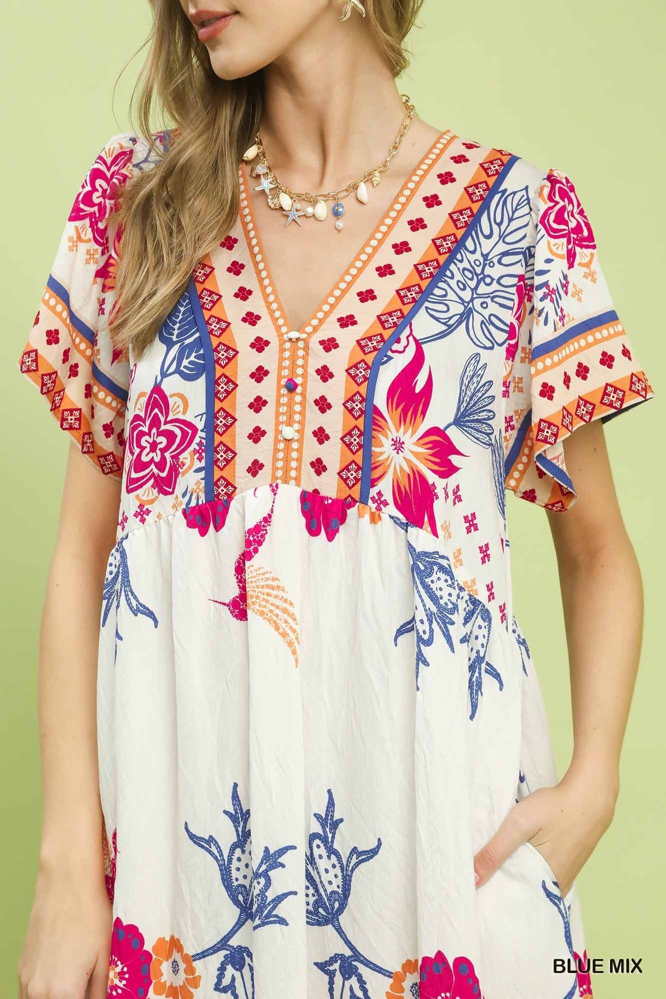 Umgee Boho Floral Midi Dress – Blue Mix-Midi Dresses-Umgee-Deja Nu Boutique, Women's Fashion Boutique in Lampasas, Texas