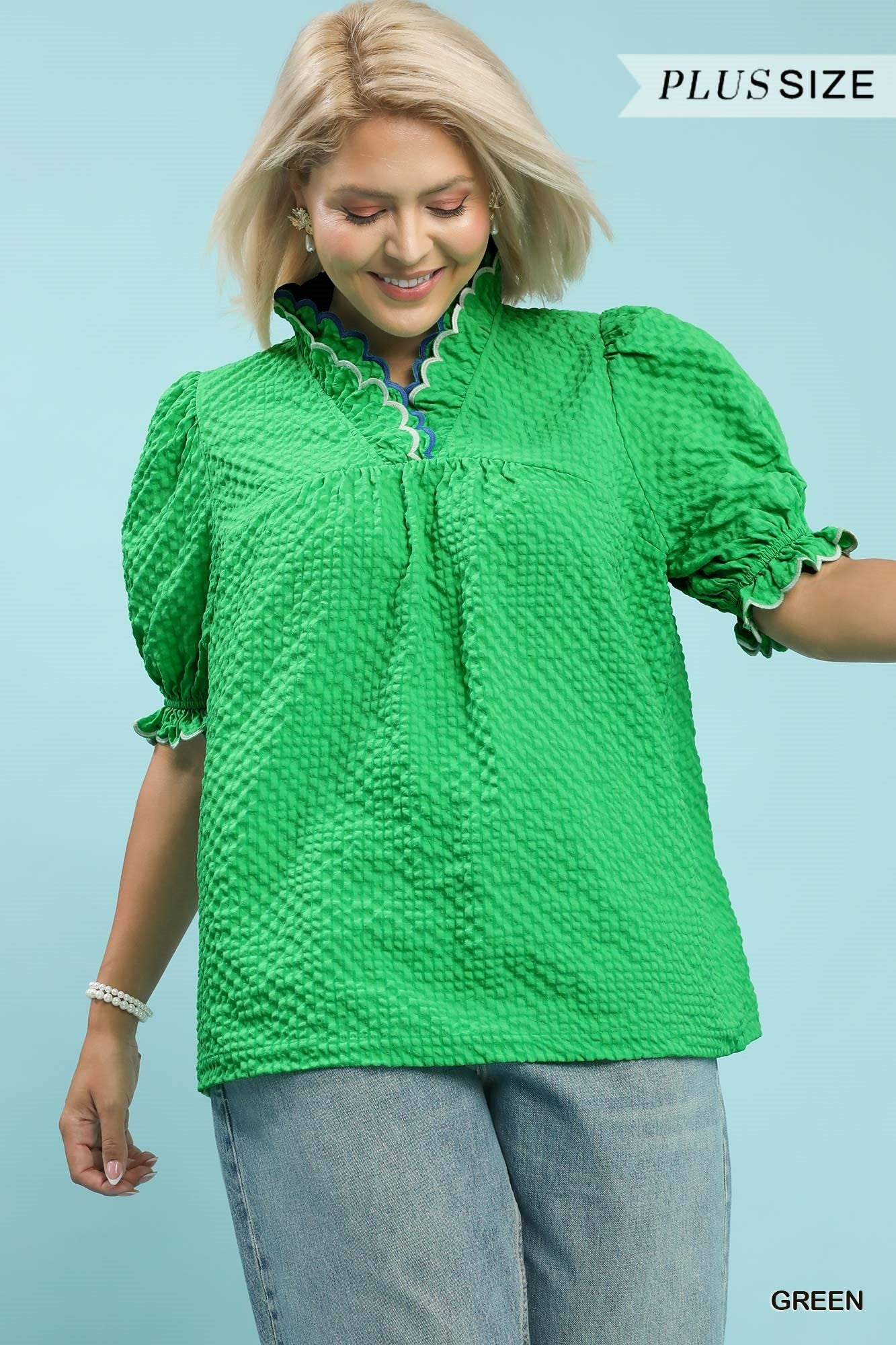 Umgee Textured Puff Sleeve Plus Top Green-Curvy/Plus Blouses-Umgee-Deja Nu Boutique, Women's Fashion Boutique in Lampasas, Texas