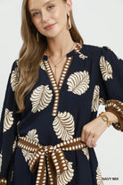 Umgee Leaf Print Belted Midi Dress in Navy Mix-Midi Dresses-Umgee-Deja Nu Boutique, Women's Fashion Boutique in Lampasas, Texas