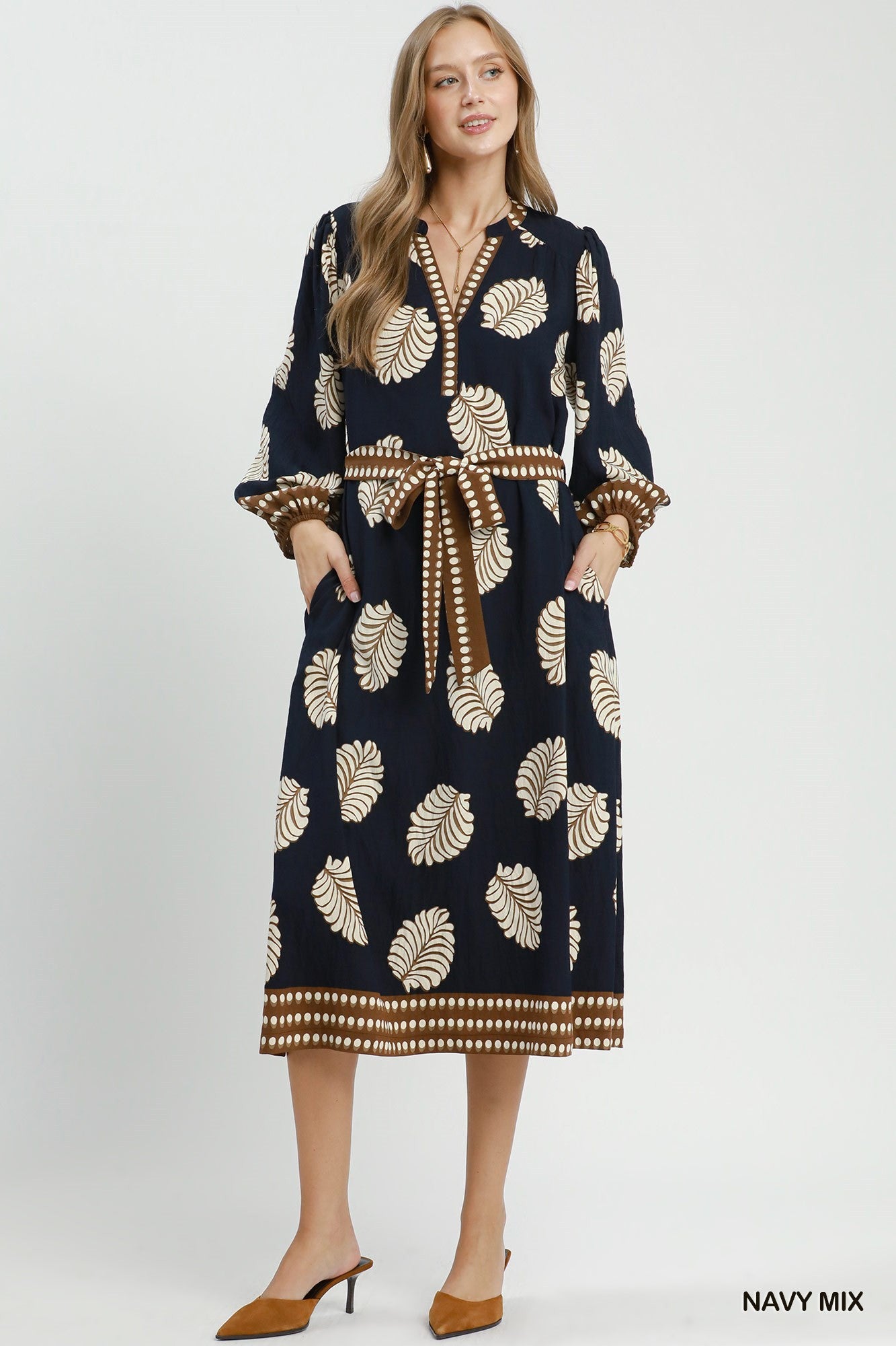 Umgee Leaf Print Belted Midi Dress in Navy Mix-Midi Dresses-Umgee-Deja Nu Boutique, Women's Fashion Boutique in Lampasas, Texas