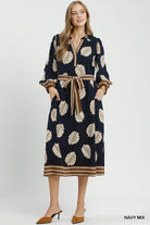 Umgee Leaf Print Belted Midi Dress in Navy Mix-Midi Dresses-Umgee-Deja Nu Boutique, Women's Fashion Boutique in Lampasas, Texas