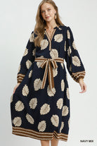 Umgee Leaf Print Belted Midi Dress in Navy Mix-Midi Dresses-Umgee-Deja Nu Boutique, Women's Fashion Boutique in Lampasas, Texas