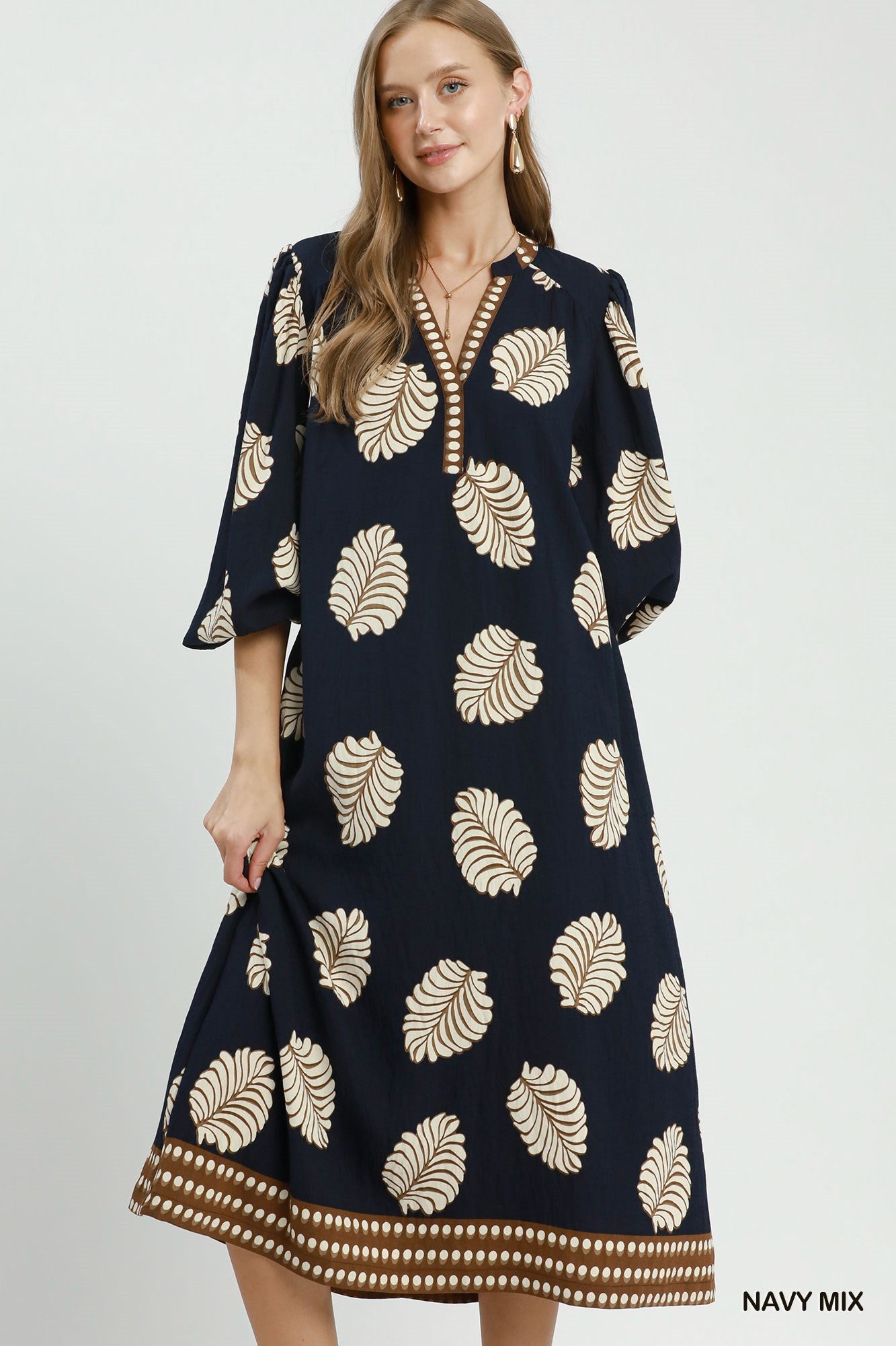Umgee Leaf Print Belted Midi Dress in Navy Mix-Midi Dresses-Umgee-Deja Nu Boutique, Women's Fashion Boutique in Lampasas, Texas