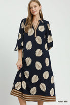 Umgee Leaf Print Belted Midi Dress in Navy Mix-Midi Dresses-Umgee-Deja Nu Boutique, Women's Fashion Boutique in Lampasas, Texas