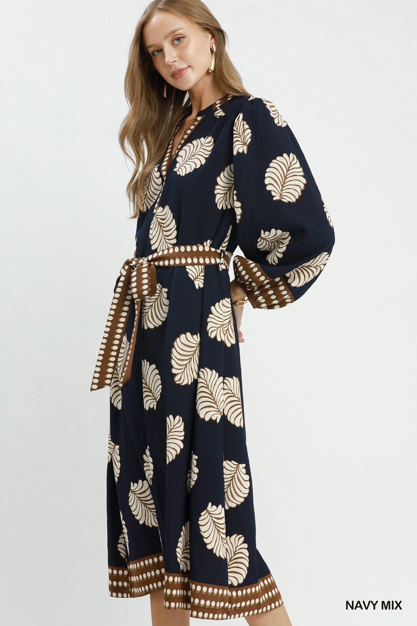Umgee Leaf Print Belted Midi Dress in Navy Mix-Midi Dresses-Umgee-Deja Nu Boutique, Women's Fashion Boutique in Lampasas, Texas