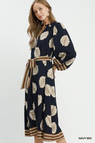 Umgee Leaf Print Belted Midi Dress in Navy Mix-Midi Dresses-Umgee-Deja Nu Boutique, Women's Fashion Boutique in Lampasas, Texas