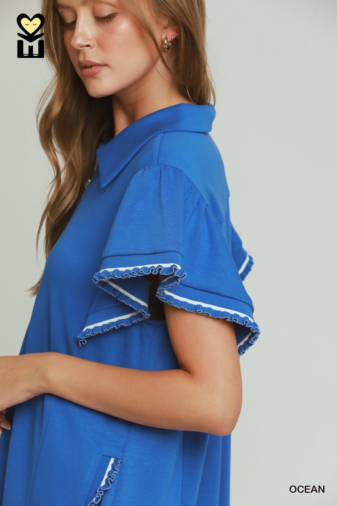 Umgee LUXEKNIT Half Zip Ruffle Sleeve Mini Dress – Ocean-Short Dresses-Umgee-Deja Nu Boutique, Women's Fashion Boutique in Lampasas, Texas
