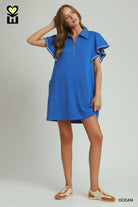 Umgee LUXEKNIT Half Zip Ruffle Sleeve Mini Dress – Ocean-Short Dresses-Umgee-Deja Nu Boutique, Women's Fashion Boutique in Lampasas, Texas