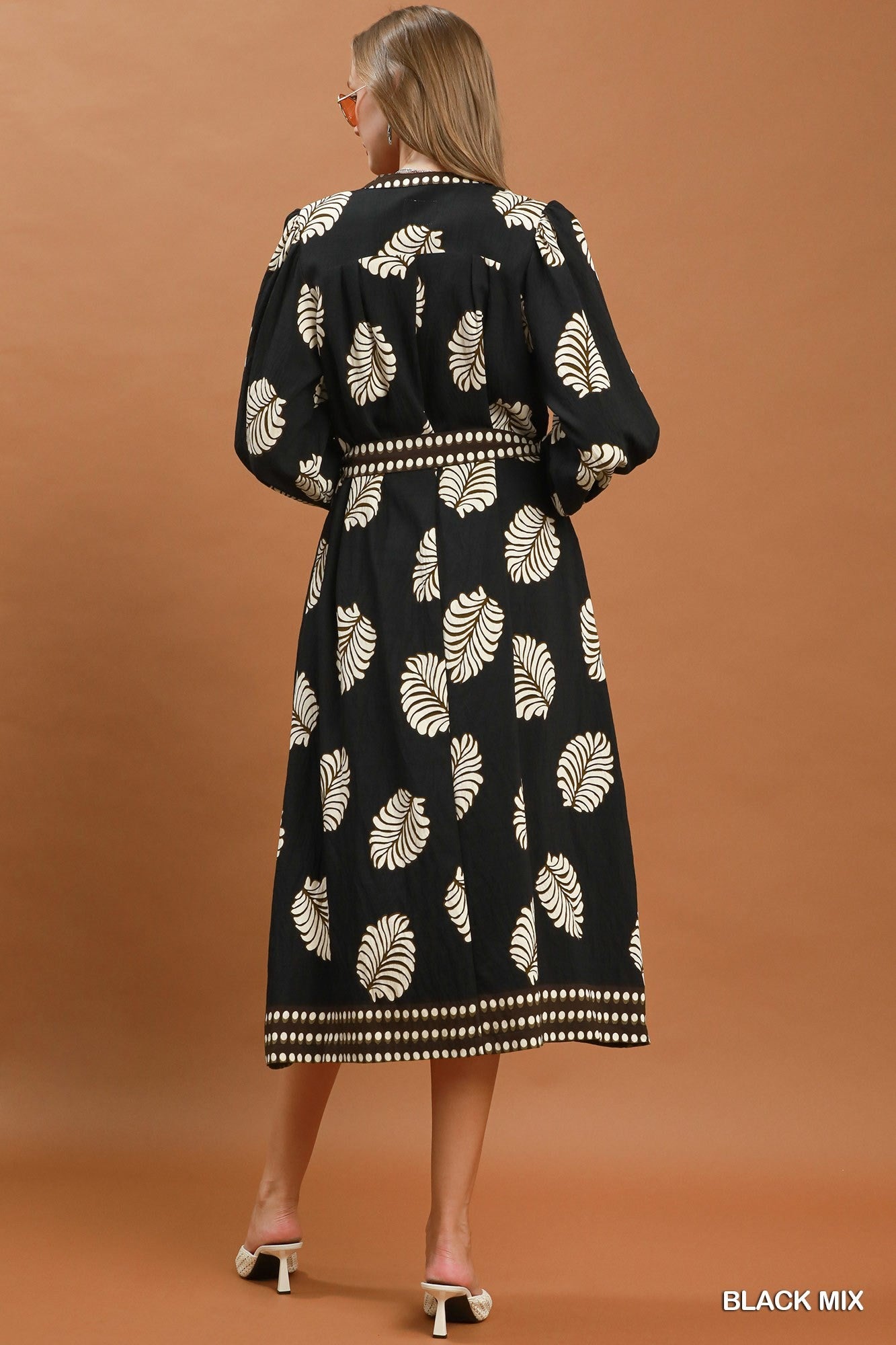 Umgee Mix Leaf Print Belted Midi Dress - Black Mix-Midi Dresses-umgee-Deja Nu Boutique, Women's Fashion Boutique in Lampasas, Texas