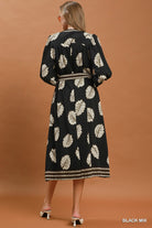 Umgee Mix Leaf Print Belted Midi Dress - Black Mix-Midi Dresses-umgee-Deja Nu Boutique, Women's Fashion Boutique in Lampasas, Texas