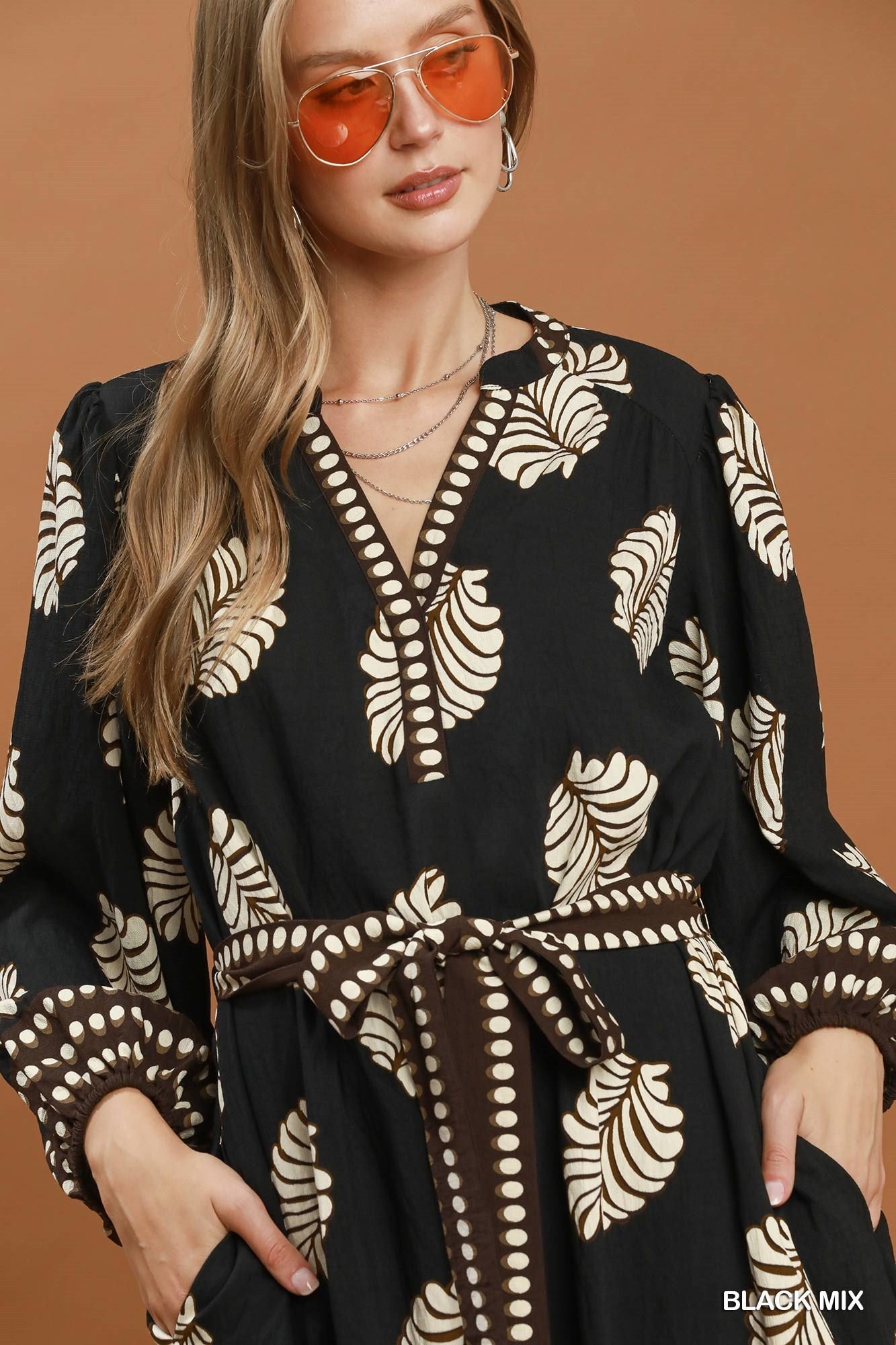 Umgee Mix Leaf Print Belted Midi Dress - Black Mix-Midi Dresses-umgee-Deja Nu Boutique, Women's Fashion Boutique in Lampasas, Texas