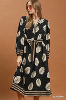 Umgee Mix Leaf Print Belted Midi Dress - Black Mix-Midi Dresses-umgee-Deja Nu Boutique, Women's Fashion Boutique in Lampasas, Texas