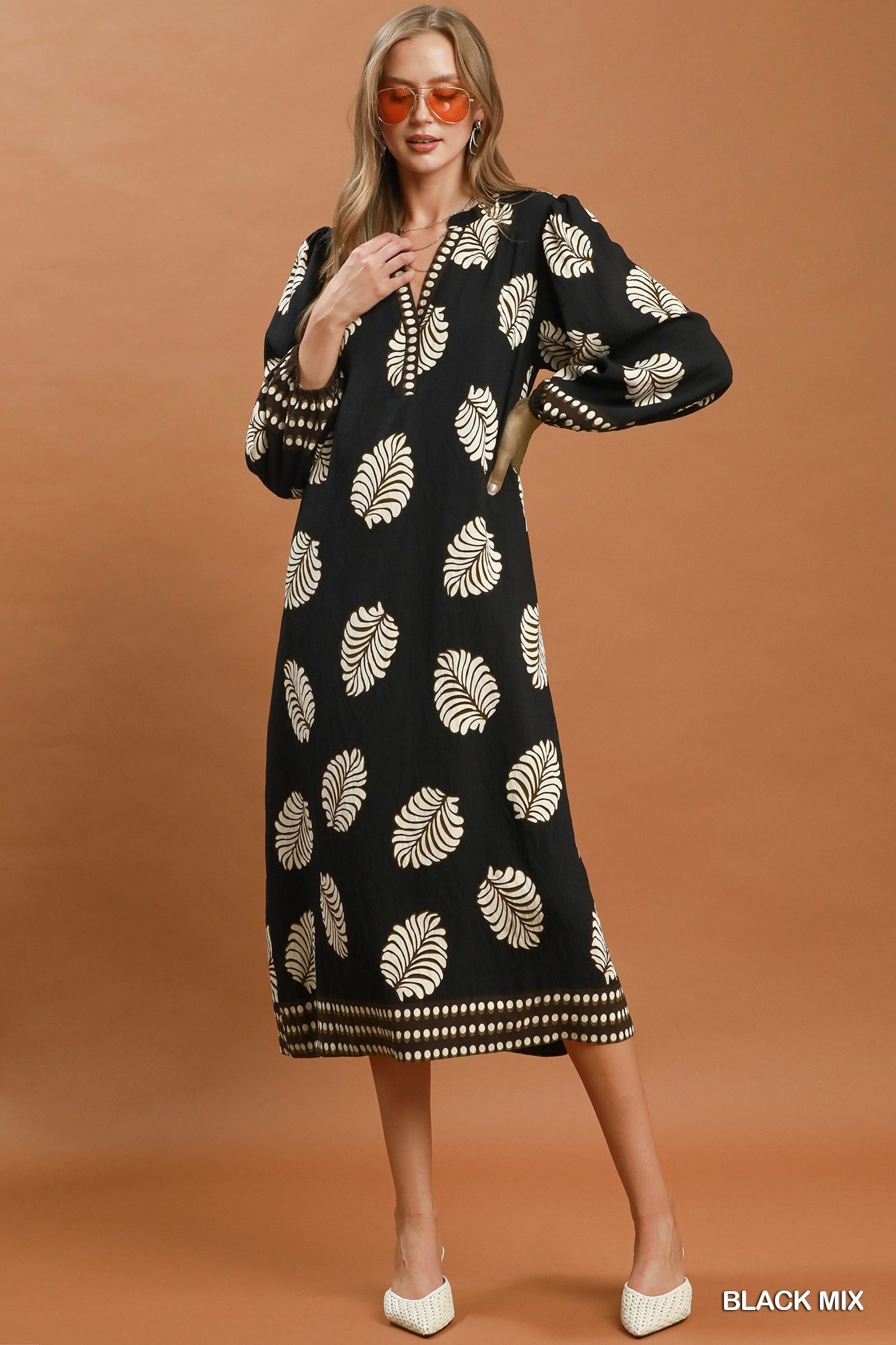 Umgee Mix Leaf Print Belted Midi Dress - Black Mix-Midi Dresses-umgee-Deja Nu Boutique, Women's Fashion Boutique in Lampasas, Texas