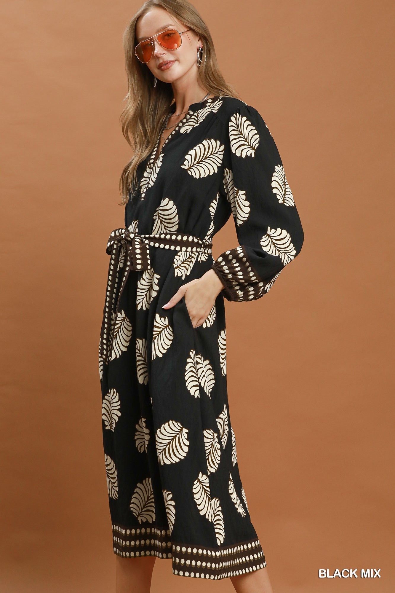 Umgee Mix Leaf Print Belted Midi Dress - Black Mix-Midi Dresses-umgee-Deja Nu Boutique, Women's Fashion Boutique in Lampasas, Texas