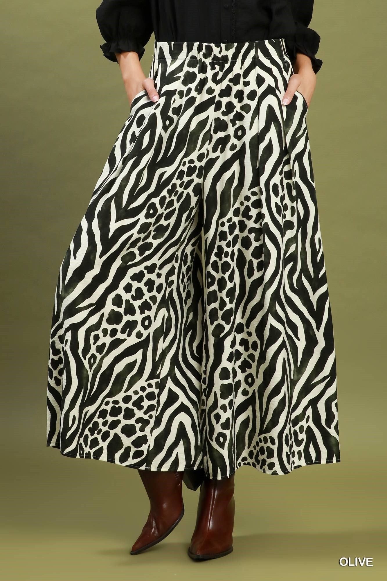 Umgee Mixed Animal Print Wide Leg Pants - Olive-Pants-Umgee-Deja Nu Boutique, Women's Fashion Boutique in Lampasas, Texas