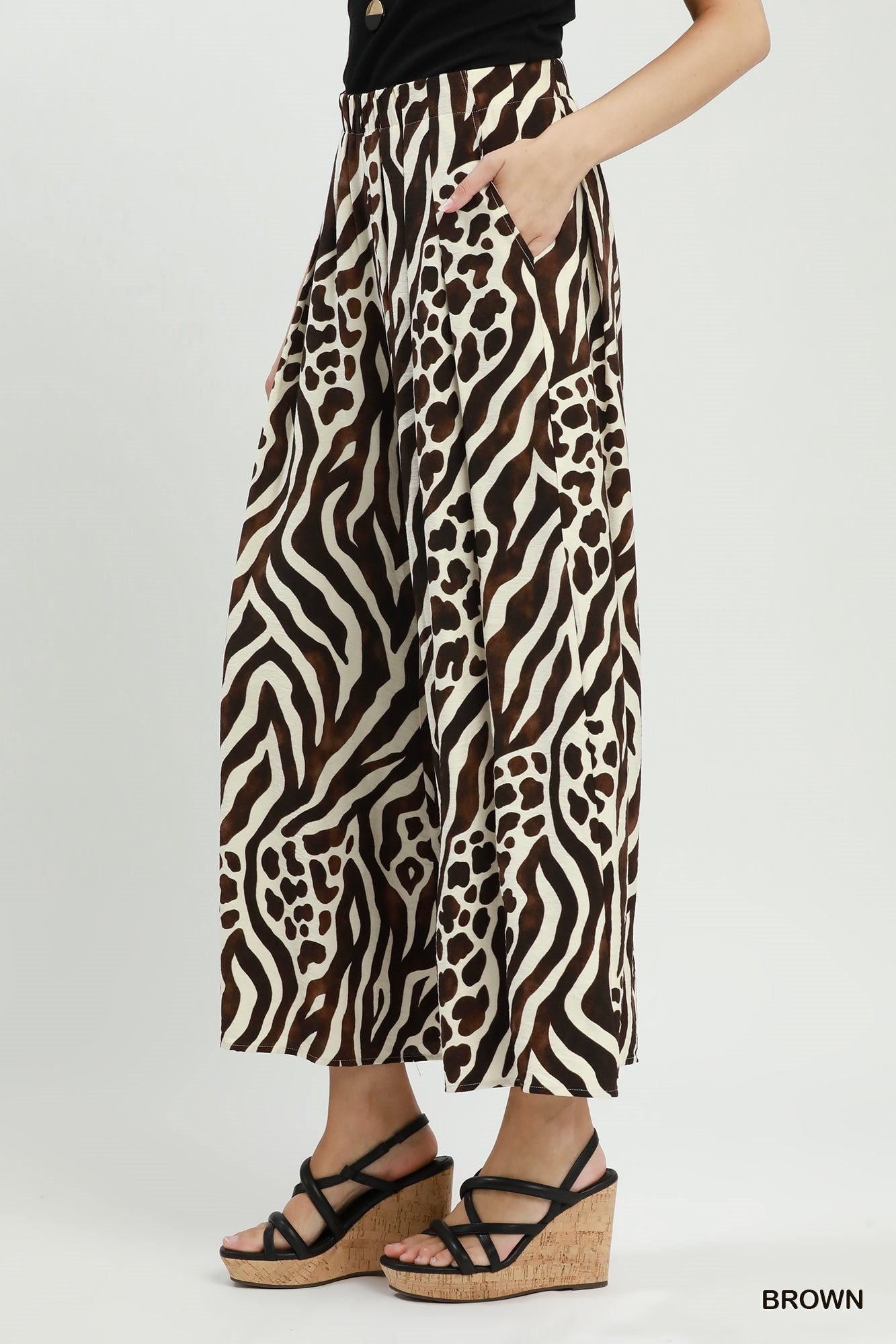 Umgee Brown Mixed Animal Print Wide Leg Pants-Pants-Umgee-Deja Nu Boutique, Women's Fashion Boutique in Lampasas, Texas