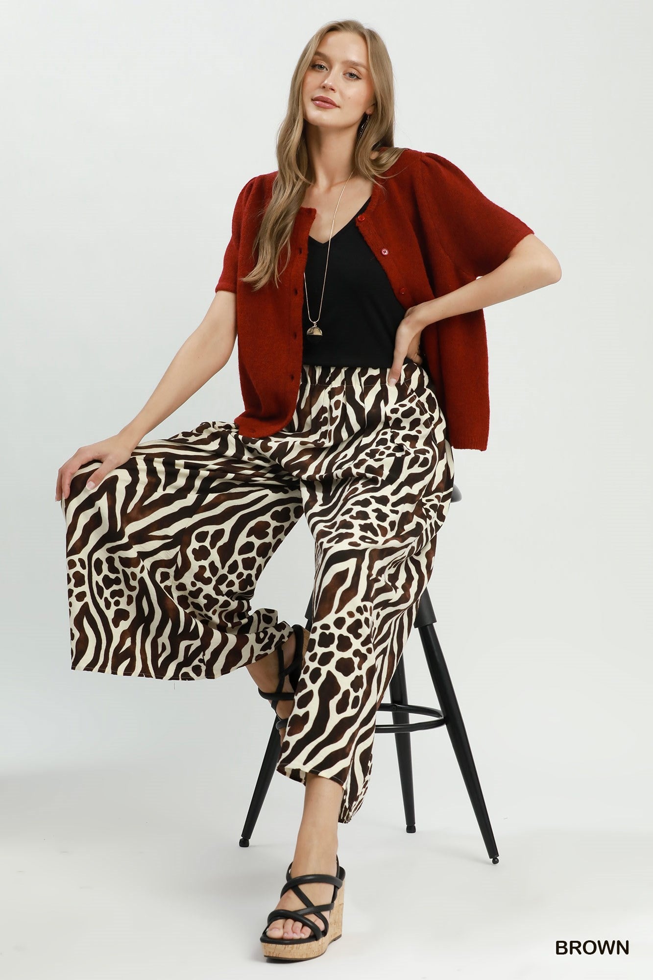 Umgee Brown Mixed Animal Print Wide Leg Pants-Pants-Umgee-Deja Nu Boutique, Women's Fashion Boutique in Lampasas, Texas