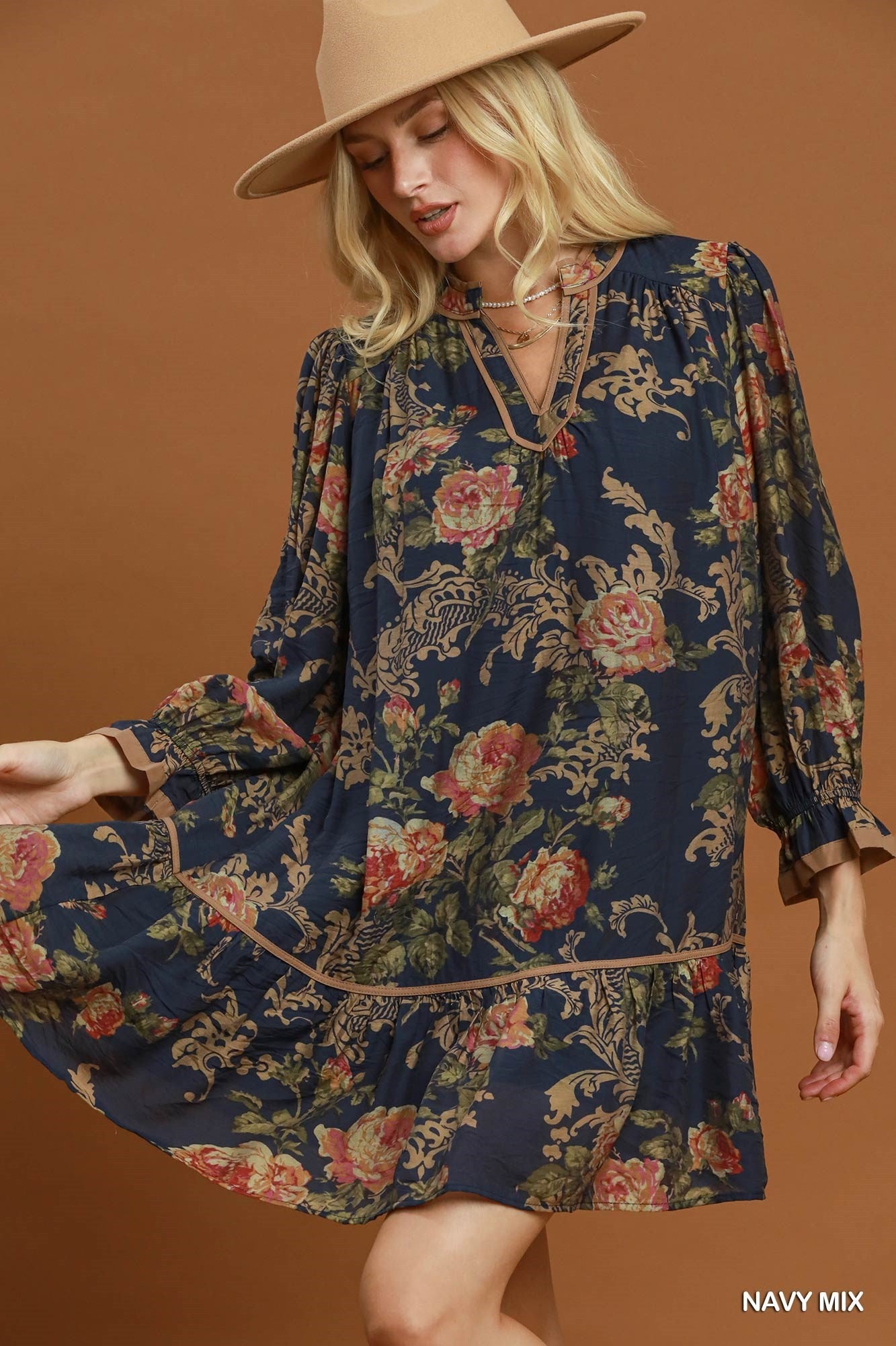 Umgee Floral Print Ruffle Hem Shift Dress in Navy Mix-Short Dresses-Umgee-Deja Nu Boutique, Women's Fashion Boutique in Lampasas, Texas