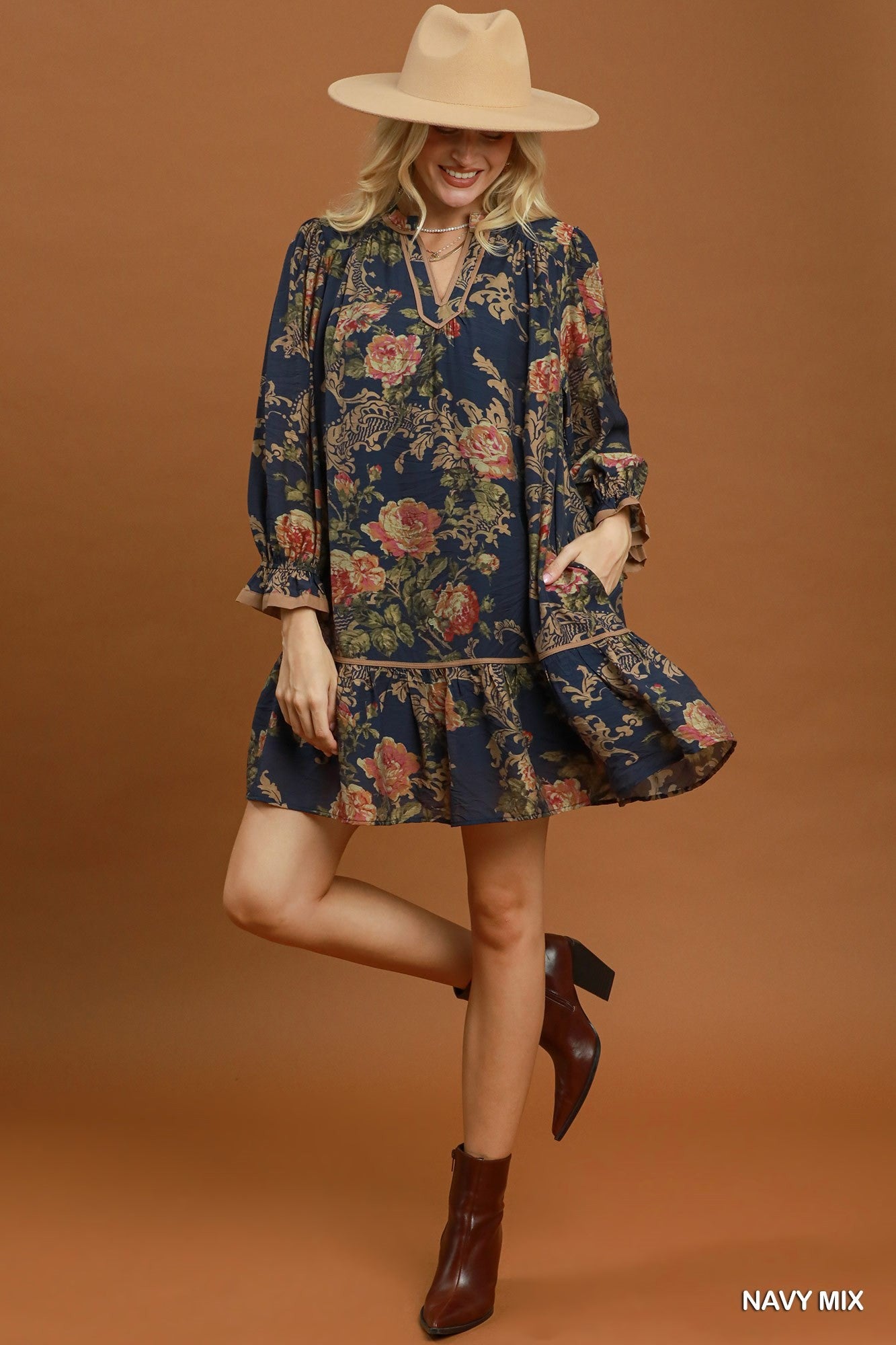 Umgee Floral Print Ruffle Hem Shift Dress in Navy Mix-Short Dresses-Umgee-Deja Nu Boutique, Women's Fashion Boutique in Lampasas, Texas
