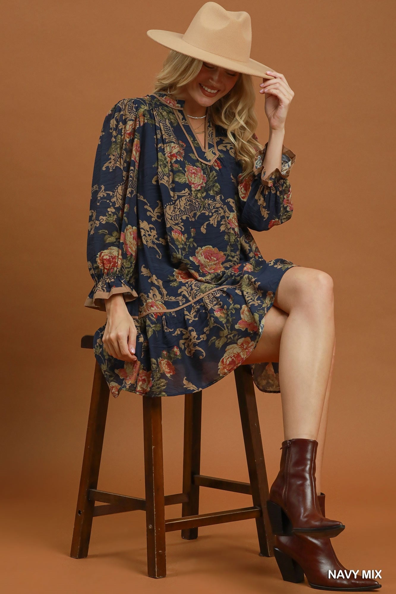 Umgee Floral Print Ruffle Hem Shift Dress in Navy Mix-Short Dresses-Umgee-Deja Nu Boutique, Women's Fashion Boutique in Lampasas, Texas