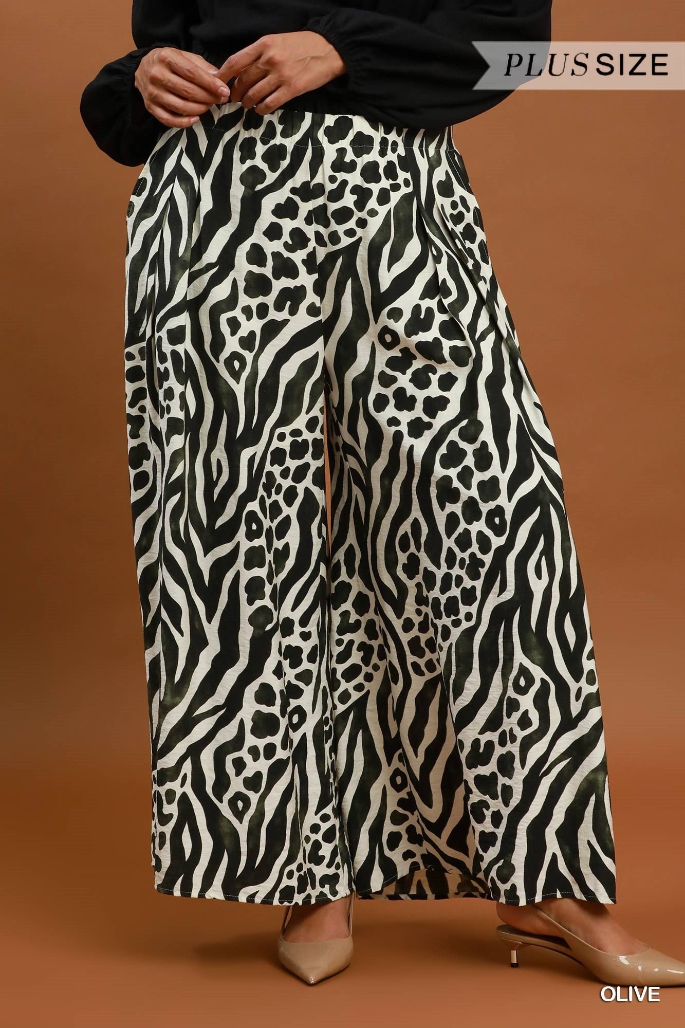 Umgee Olive Mixed Animal Print Wide Leg Pants Plus-Curvy/Plus Bottoms-Umgee-Deja Nu Boutique, Women's Fashion Boutique in Lampasas, Texas