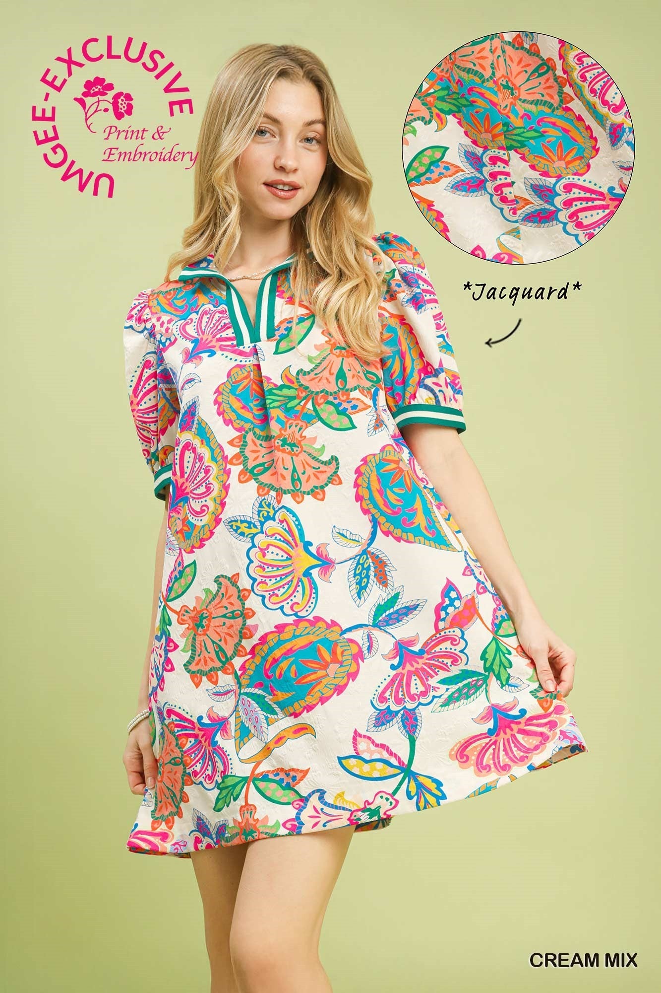 Umgee Jacquard Paisley Print Puff Sleeve Tunic Dress – Cream Mix-mini dress-Umgee-Deja Nu Boutique, Women's Fashion Boutique in Lampasas, Texas