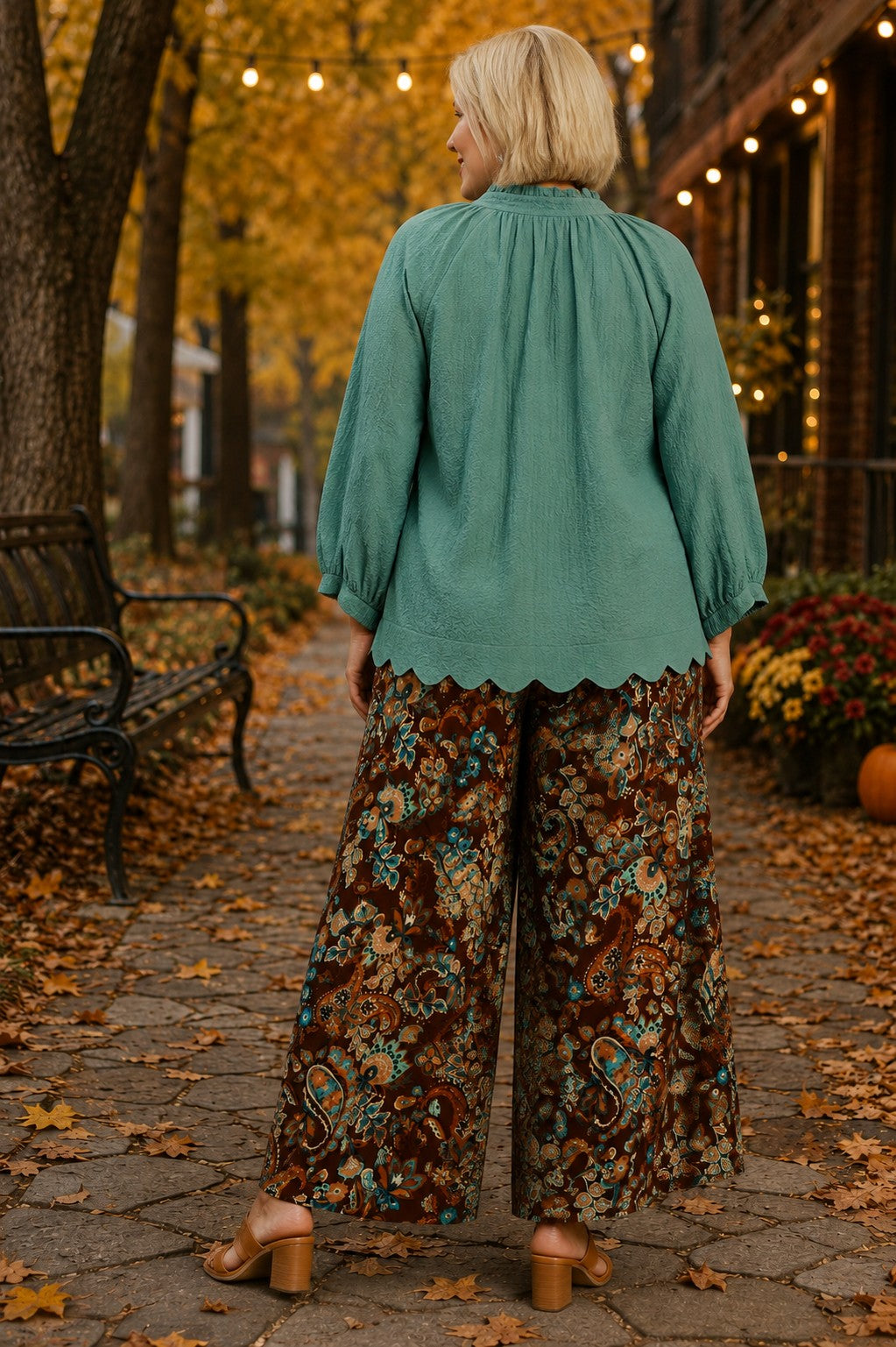 Umgee Paisley Print Wide Leg Plus Size Pants in Brown Mix-Curvy/Plus Bottoms-Umgee-Deja Nu Boutique, Women's Fashion Boutique in Lampasas, Texas