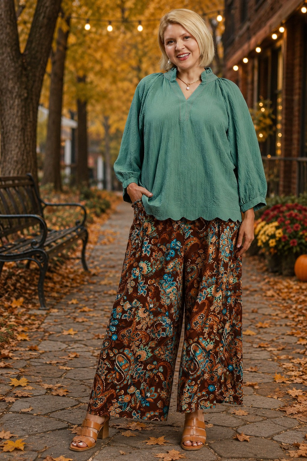 Umgee Paisley Print Wide Leg Plus Size Pants in Brown Mix-Curvy/Plus Bottoms-Umgee-Deja Nu Boutique, Women's Fashion Boutique in Lampasas, Texas