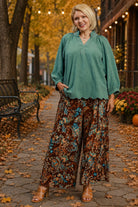 Umgee Paisley Print Wide Leg Plus Size Pants in Brown Mix-Curvy/Plus Bottoms-Umgee-Deja Nu Boutique, Women's Fashion Boutique in Lampasas, Texas