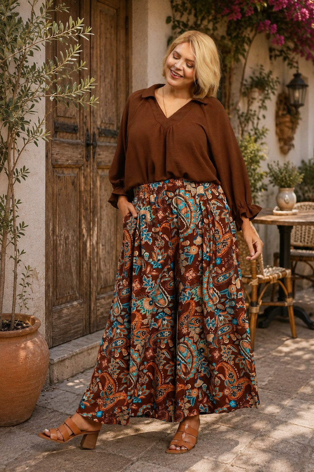 Umgee Paisley Print Wide Leg Plus Size Pants in Brown Mix-Curvy/Plus Bottoms-Umgee-Deja Nu Boutique, Women's Fashion Boutique in Lampasas, Texas