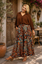 Umgee Paisley Print Wide Leg Plus Size Pants in Brown Mix-Curvy/Plus Bottoms-Umgee-Deja Nu Boutique, Women's Fashion Boutique in Lampasas, Texas