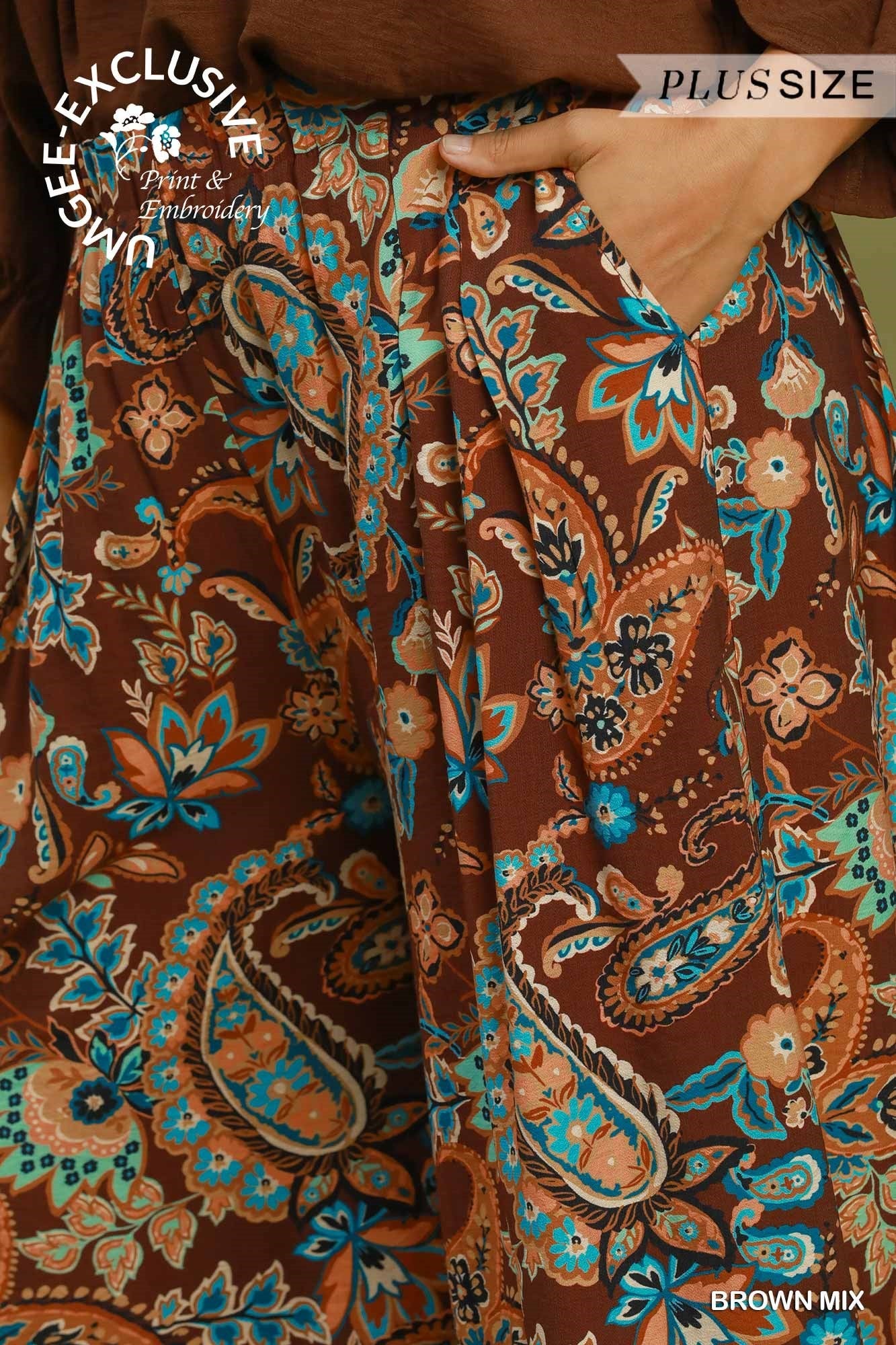 Umgee Paisley Print Wide Leg Plus Size Pants in Brown Mix-Curvy/Plus Bottoms-Umgee-Deja Nu Boutique, Women's Fashion Boutique in Lampasas, Texas