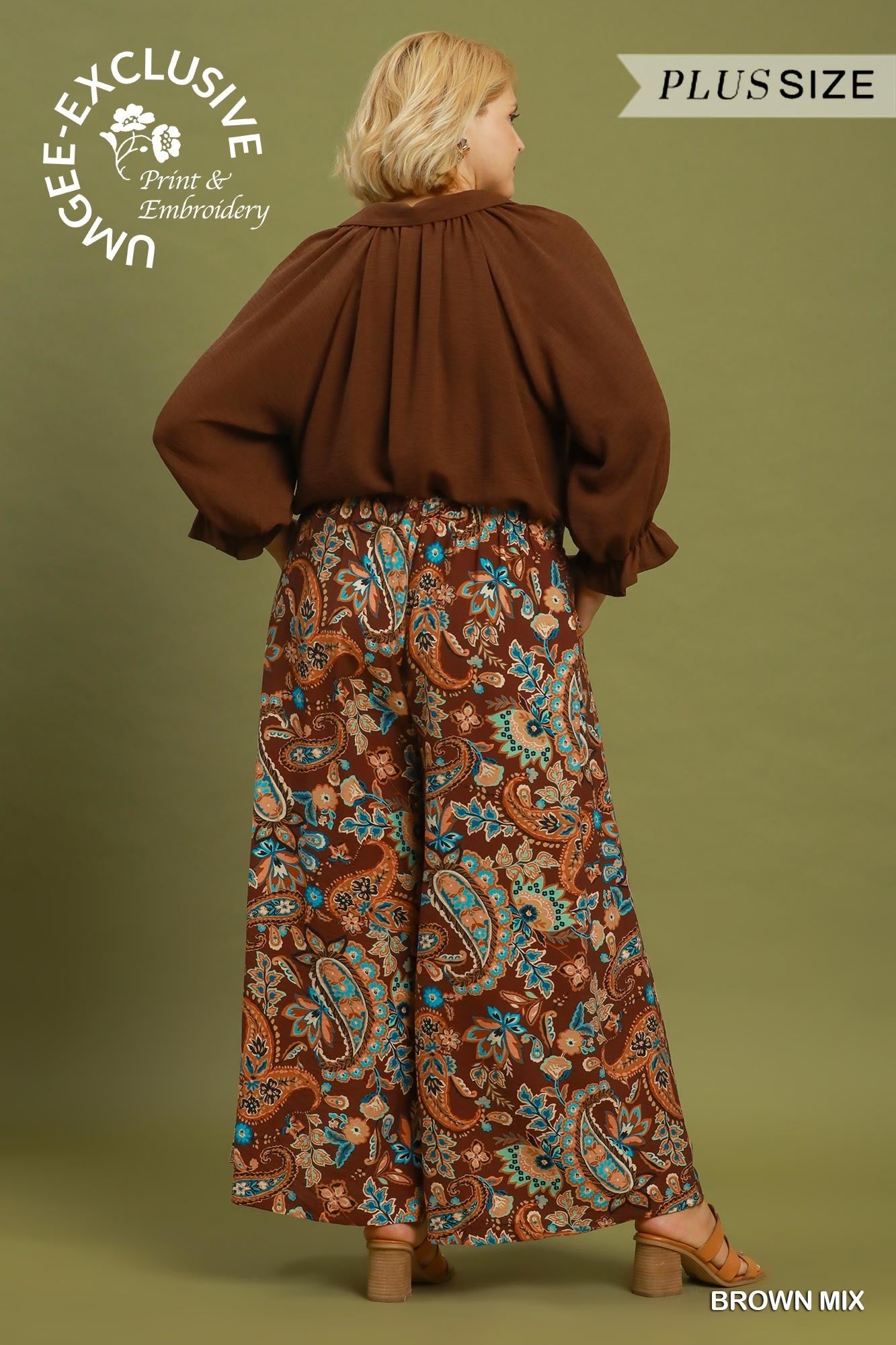 Umgee Paisley Print Wide Leg Plus Size Pants in Brown Mix-Curvy/Plus Bottoms-Umgee-Deja Nu Boutique, Women's Fashion Boutique in Lampasas, Texas