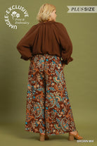 Umgee Paisley Print Wide Leg Plus Size Pants in Brown Mix-Curvy/Plus Bottoms-Umgee-Deja Nu Boutique, Women's Fashion Boutique in Lampasas, Texas