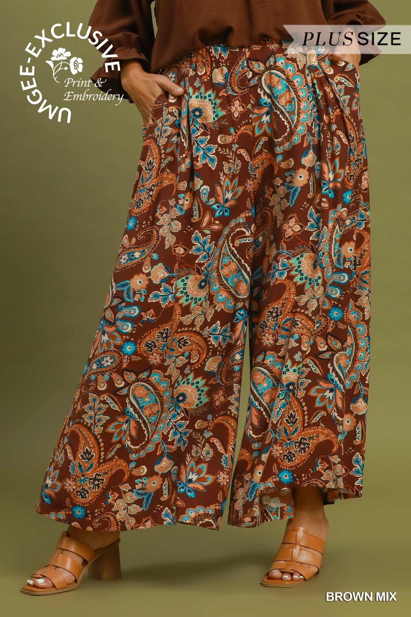 Umgee Paisley Print Wide Leg Plus Size Pants in Brown Mix-Curvy/Plus Bottoms-Umgee-Deja Nu Boutique, Women's Fashion Boutique in Lampasas, Texas