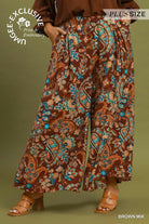 Umgee Paisley Print Wide Leg Plus Size Pants in Brown Mix-Curvy/Plus Bottoms-Umgee-Deja Nu Boutique, Women's Fashion Boutique in Lampasas, Texas