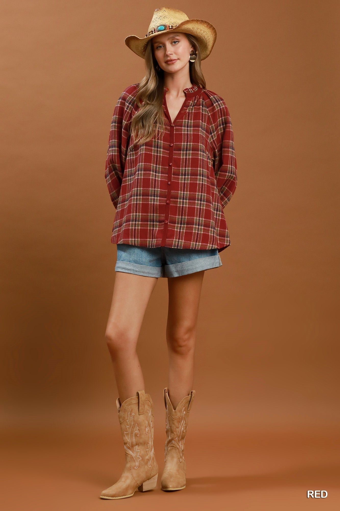 Umgee Plaid Button Front Relaxed Blouse in Red-Tops-Umgee-Deja Nu Boutique, Women's Fashion Boutique in Lampasas, Texas