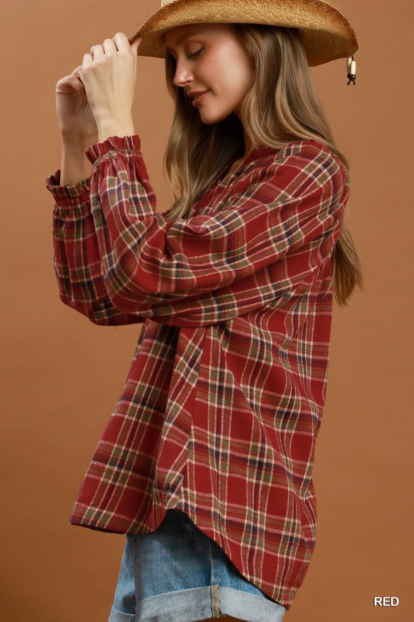Umgee Plaid Button Front Relaxed Blouse in Red-Tops-Umgee-Deja Nu Boutique, Women's Fashion Boutique in Lampasas, Texas