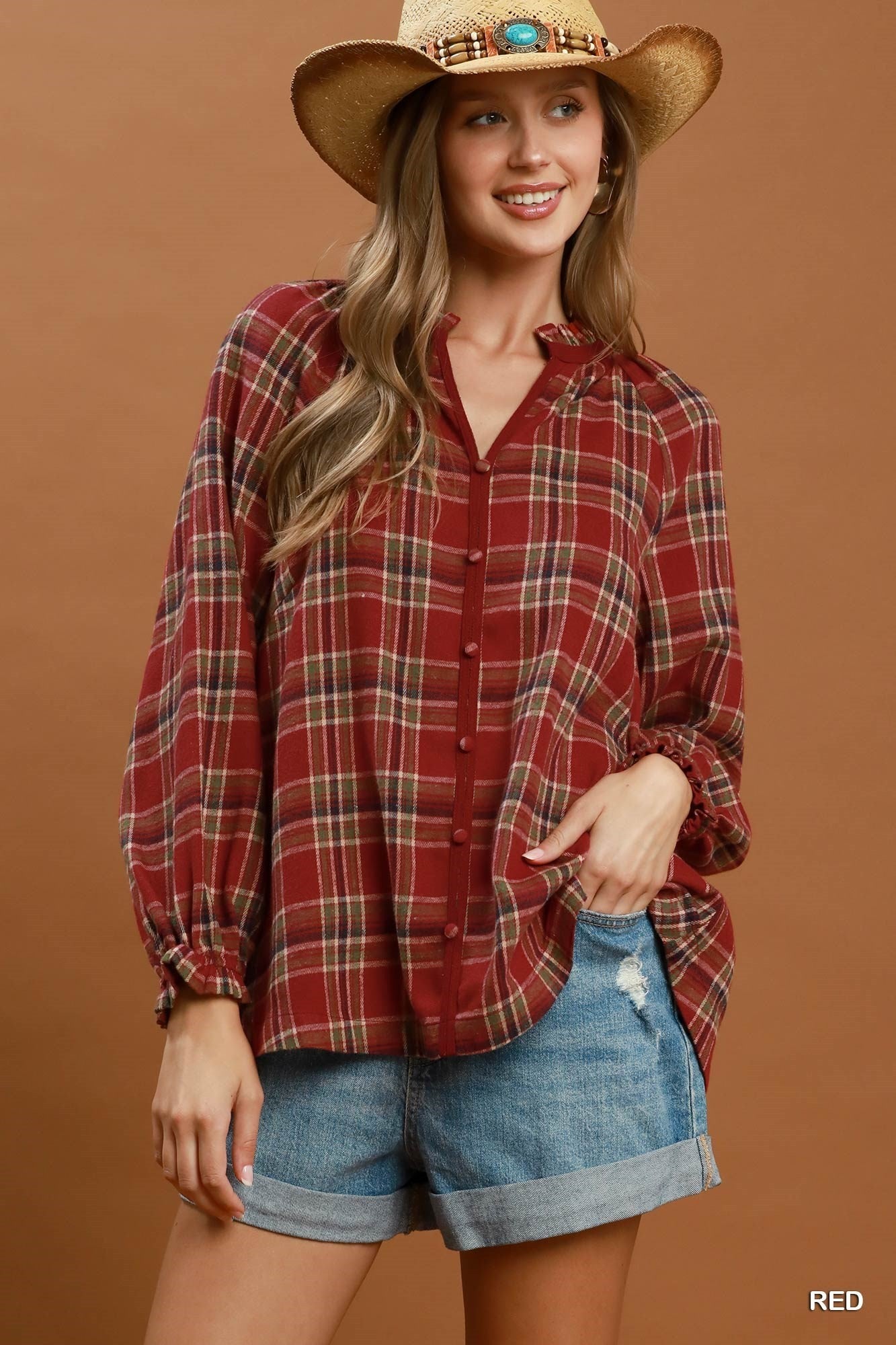 Umgee Plaid Button Front Relaxed Blouse in Red-Tops-Umgee-Deja Nu Boutique, Women's Fashion Boutique in Lampasas, Texas
