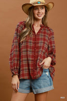 Umgee Plaid Button Front Relaxed Blouse in Red-Tops-Umgee-Deja Nu Boutique, Women's Fashion Boutique in Lampasas, Texas