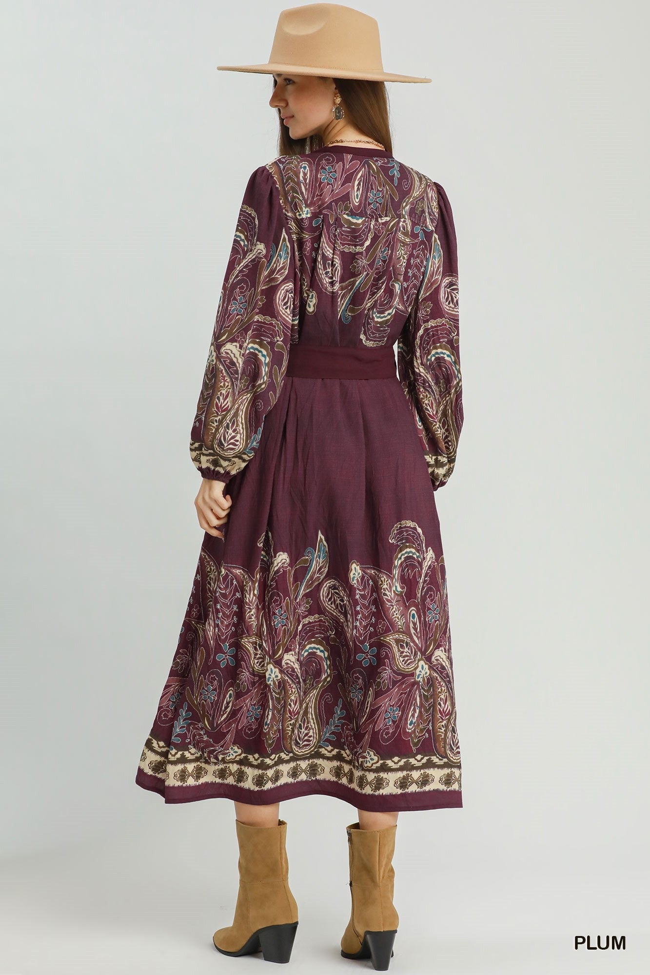 Umgee Abstract Print Tie Waist Midi Dress in Plum-Midi Dresses-umgee-Deja Nu Boutique, Women's Fashion Boutique in Lampasas, Texas