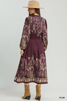 Umgee Abstract Print Tie Waist Midi Dress in Plum-Midi Dresses-umgee-Deja Nu Boutique, Women's Fashion Boutique in Lampasas, Texas