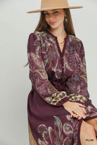 Umgee Abstract Print Tie Waist Midi Dress in Plum-Midi Dresses-umgee-Deja Nu Boutique, Women's Fashion Boutique in Lampasas, Texas