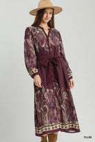 Umgee Abstract Print Tie Waist Midi Dress in Plum-Midi Dresses-umgee-Deja Nu Boutique, Women's Fashion Boutique in Lampasas, Texas